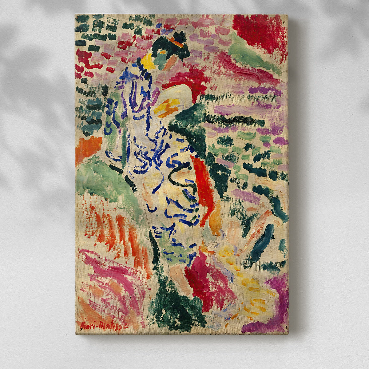 Canvas art print of a stylized figure with natural setting and vivid tones with a soft shadow on a white background.