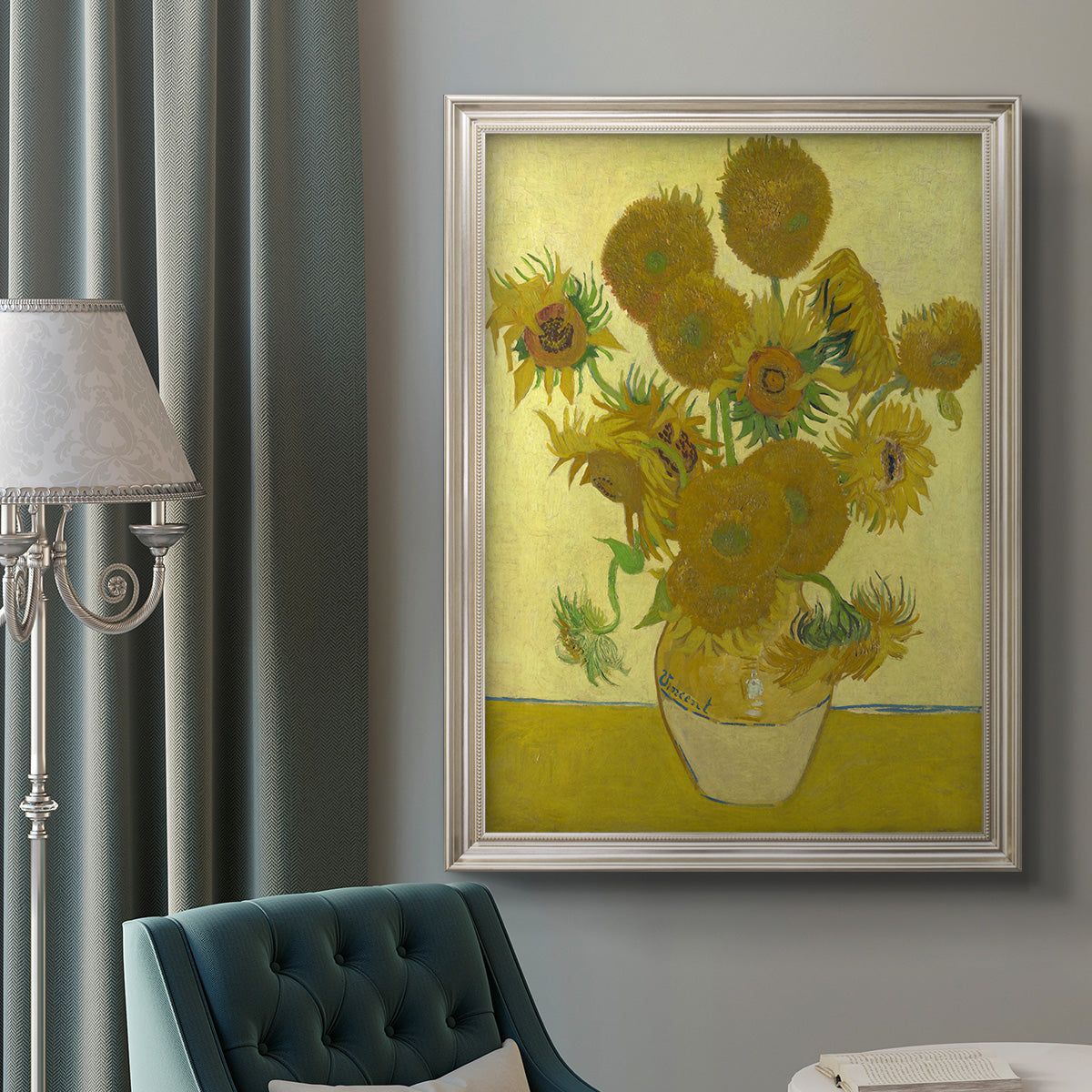 Impressionist sunflower still life painting by Vincent van Gogh in an ornate champagne frame displayed in a neutral interior setting.