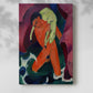 Canvas art print of a stylized figure with an animal in bold tones with a soft shadow on a white background.