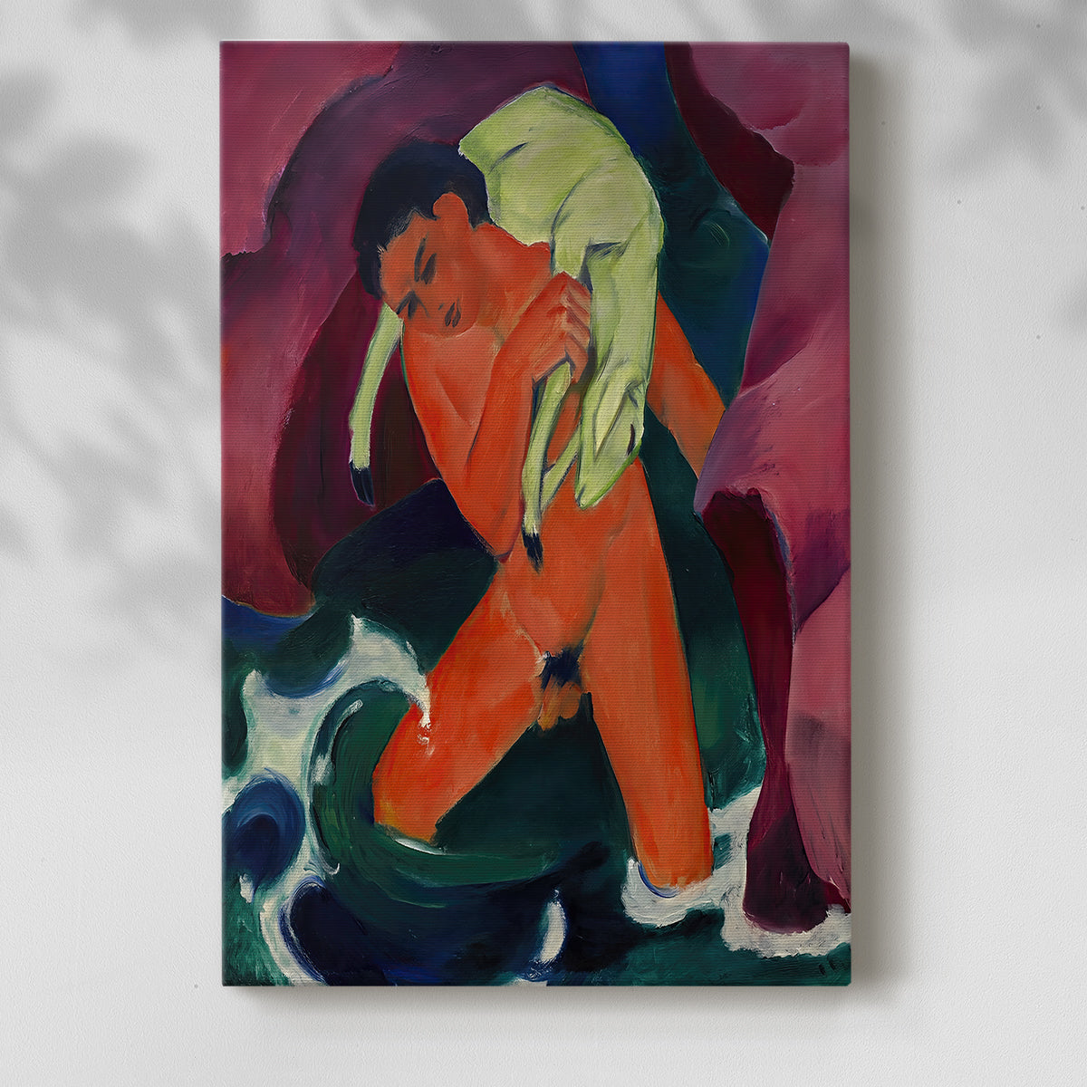 Canvas art print of a stylized figure with an animal in bold tones with a soft shadow on a white background.