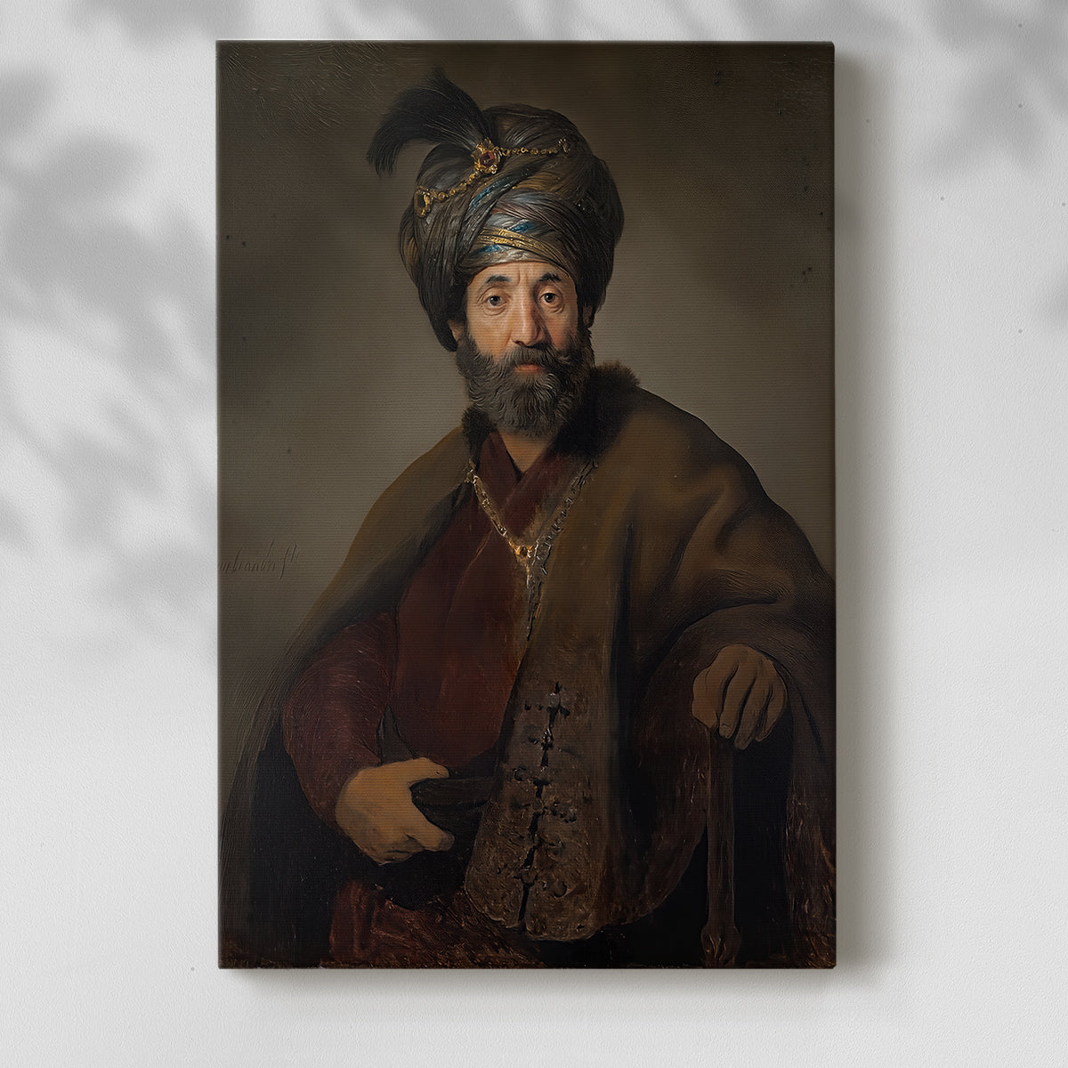 Canvas art print of a refined figure with detailed clothing and warm tones with a soft shadow on a white background.