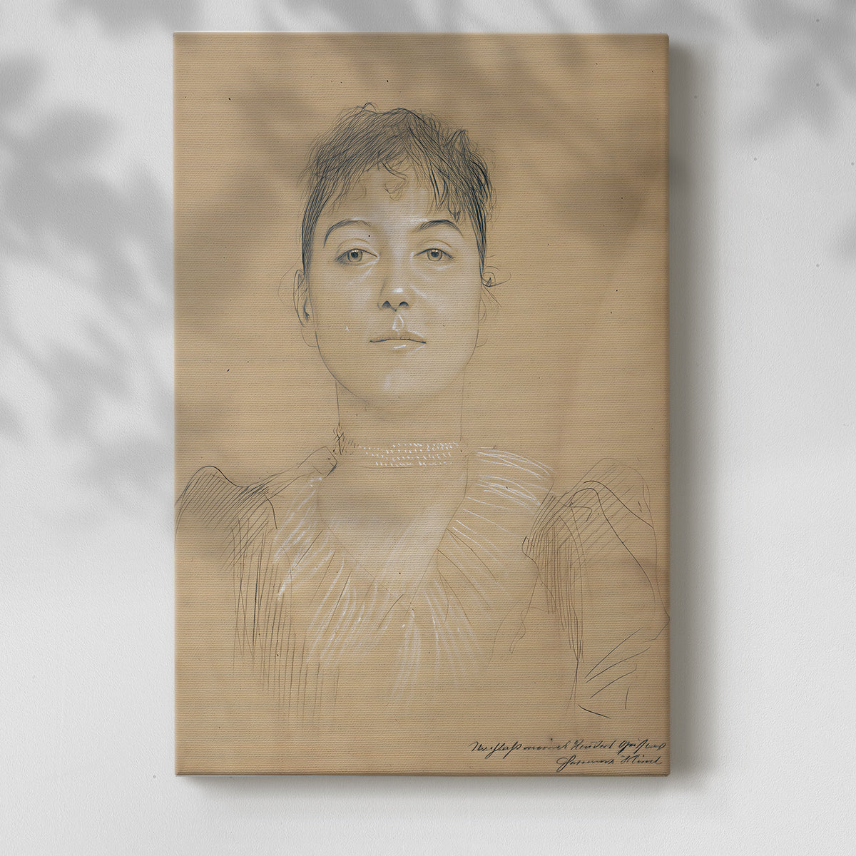 Canvas art print of a refined female head with minimal detail and gentle tones with a soft shadow on a white background.