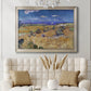 Impressionist wheat harvest scene by Vincent van Gogh in an ornate champagne frame displayed in a neutral-toned interior setting.