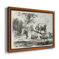 Classical pastoral landscape artwork by Nicolas Berchem printed on canvas in an ornate vintage burl wood frame.