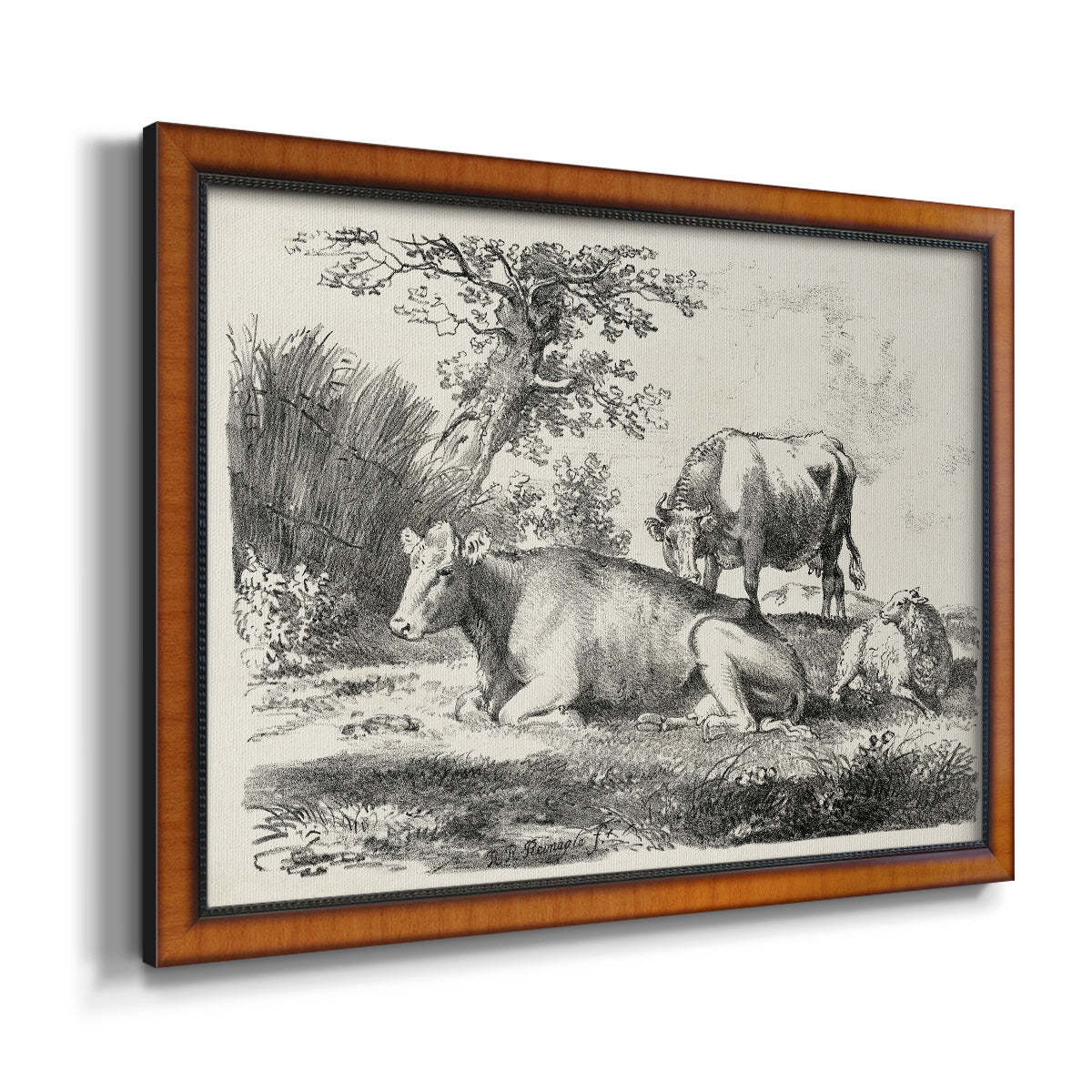 Classical pastoral landscape artwork by Nicolas Berchem printed on canvas in an ornate vintage burl wood frame.