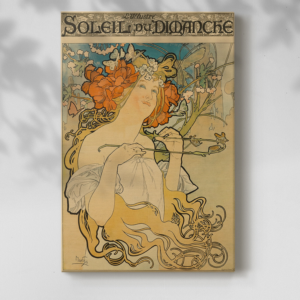 Canvas art print of a vintage advertisement featuring a stylized figure and decorative text with a soft shadow on a white background.