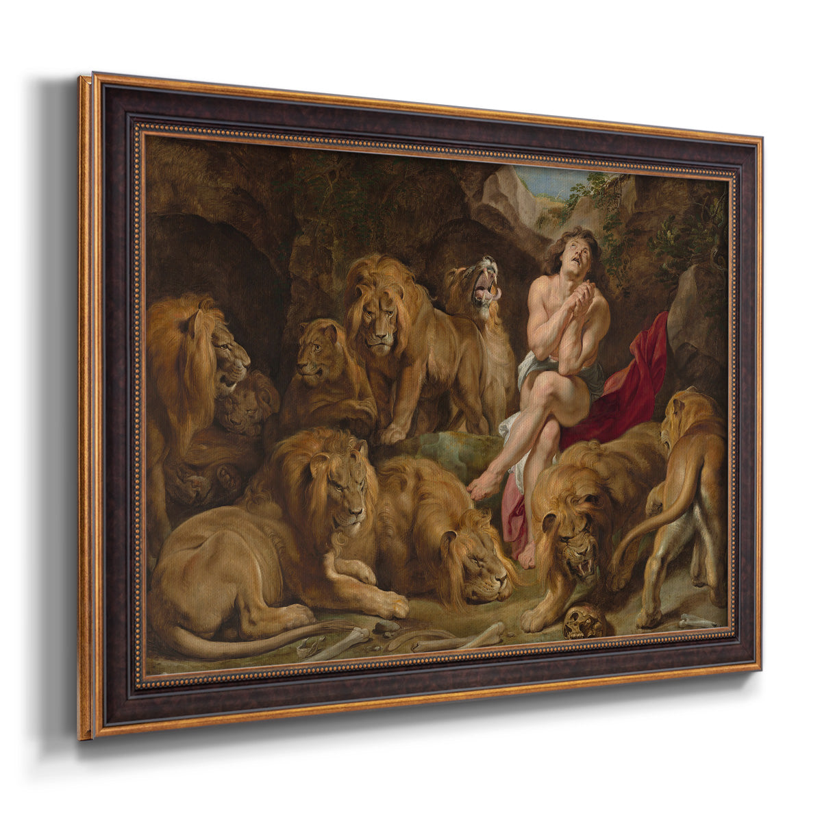 Dramatic biblical painting of Daniel with lions by Peter Paul Rubens printed on canvas in an ornate bronzed mahogany wood frame.