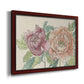 Modern peony floral drawing printed on canvas in an ornate cherry burl wood frame.