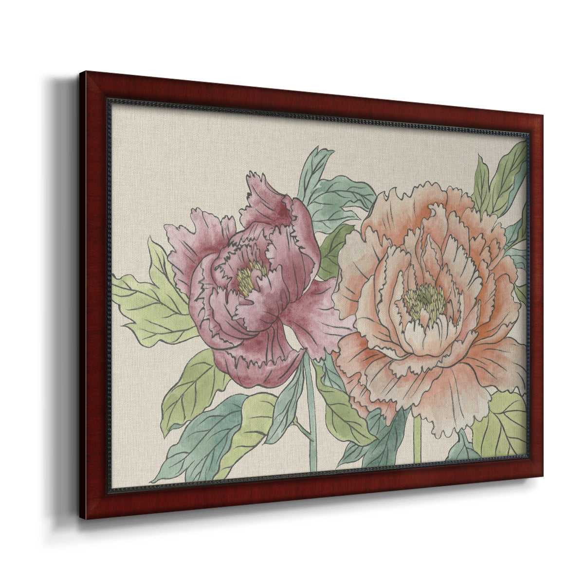 Modern peony floral drawing printed on canvas in an ornate cherry burl wood frame.