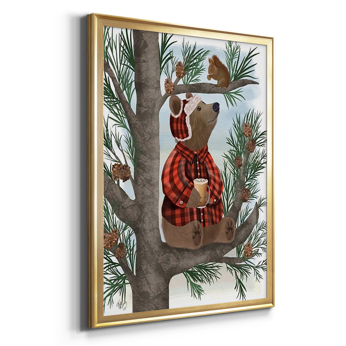 Lumberjack Bear Pine Tree Coffee Break - Modern Framed Canvas Print