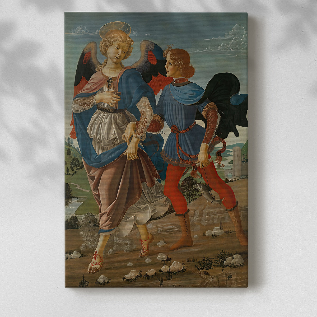 Canvas art print of a balanced composition with figures and natural setting with a soft shadow on a white background.