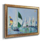Coastal harbor watercolor painting printed on canvas in an ornate vintage gold frame.