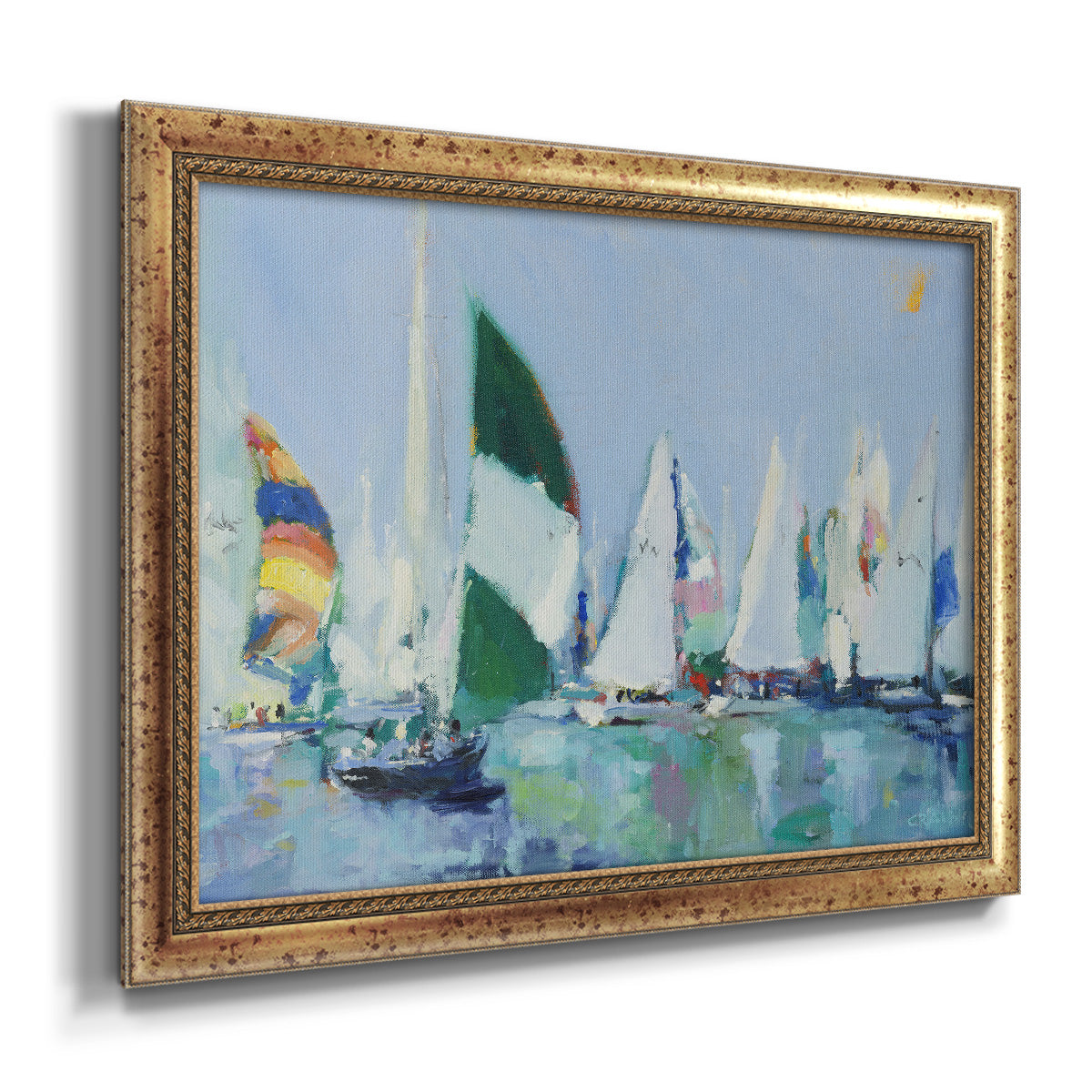 Coastal harbor watercolor painting printed on canvas in an ornate vintage gold frame.