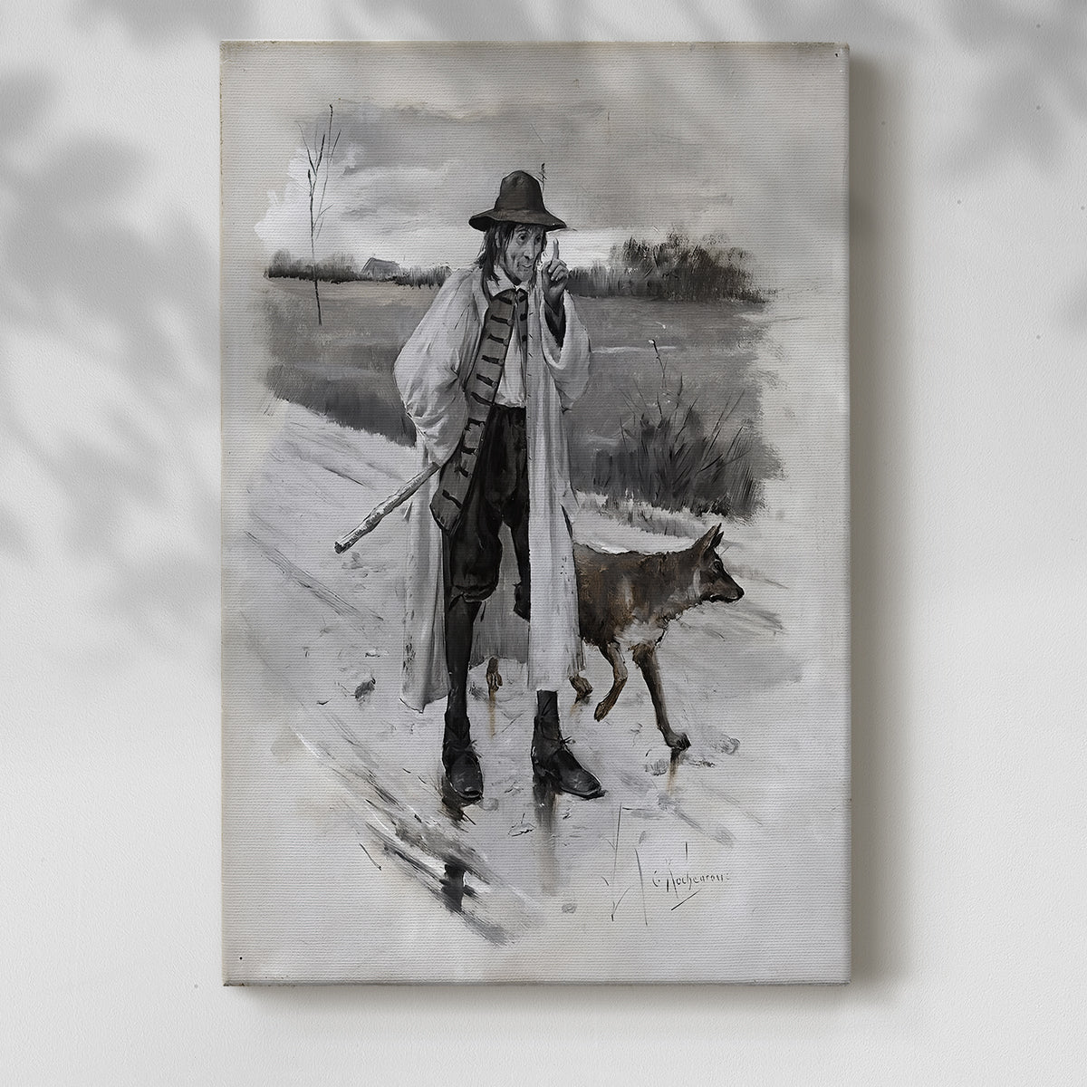 Canvas art print of a theatrical composition with bold gesture and character detail with a soft shadow on a white background.