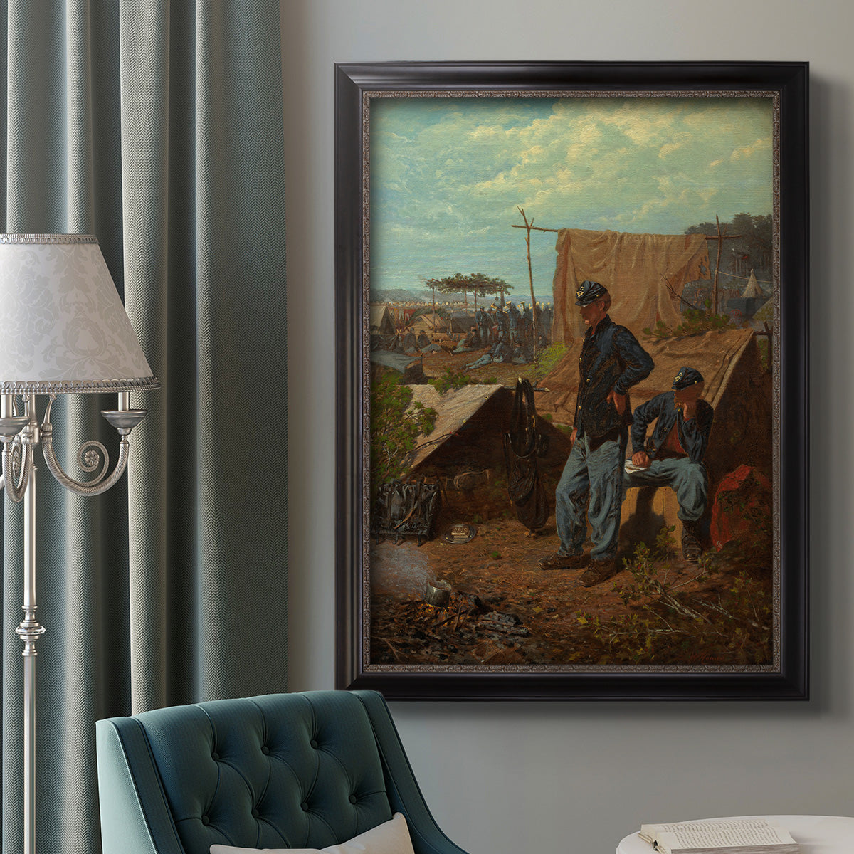 American genre scene of domestic life by Winslow Homer in an ornate black frame with gilded inner detail displayed in a neutral interior setting.