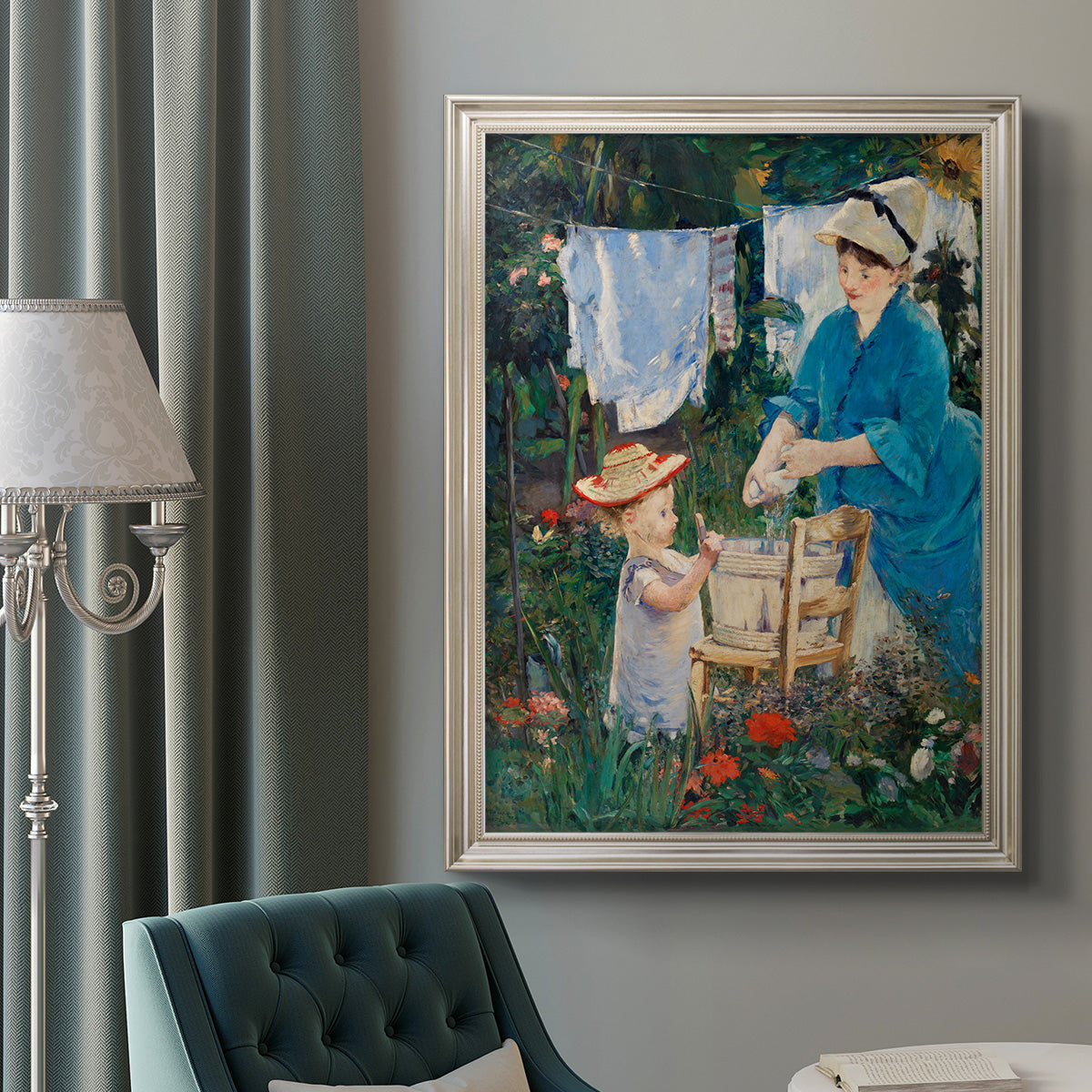 Intimate domestic genre scene by Édouard Manet in an ornate champagne frame displayed in a neutral interior setting.