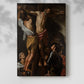 Canvas art print of a dramatic composition with figures gathered around a crucifixion with a soft shadow on a white background.