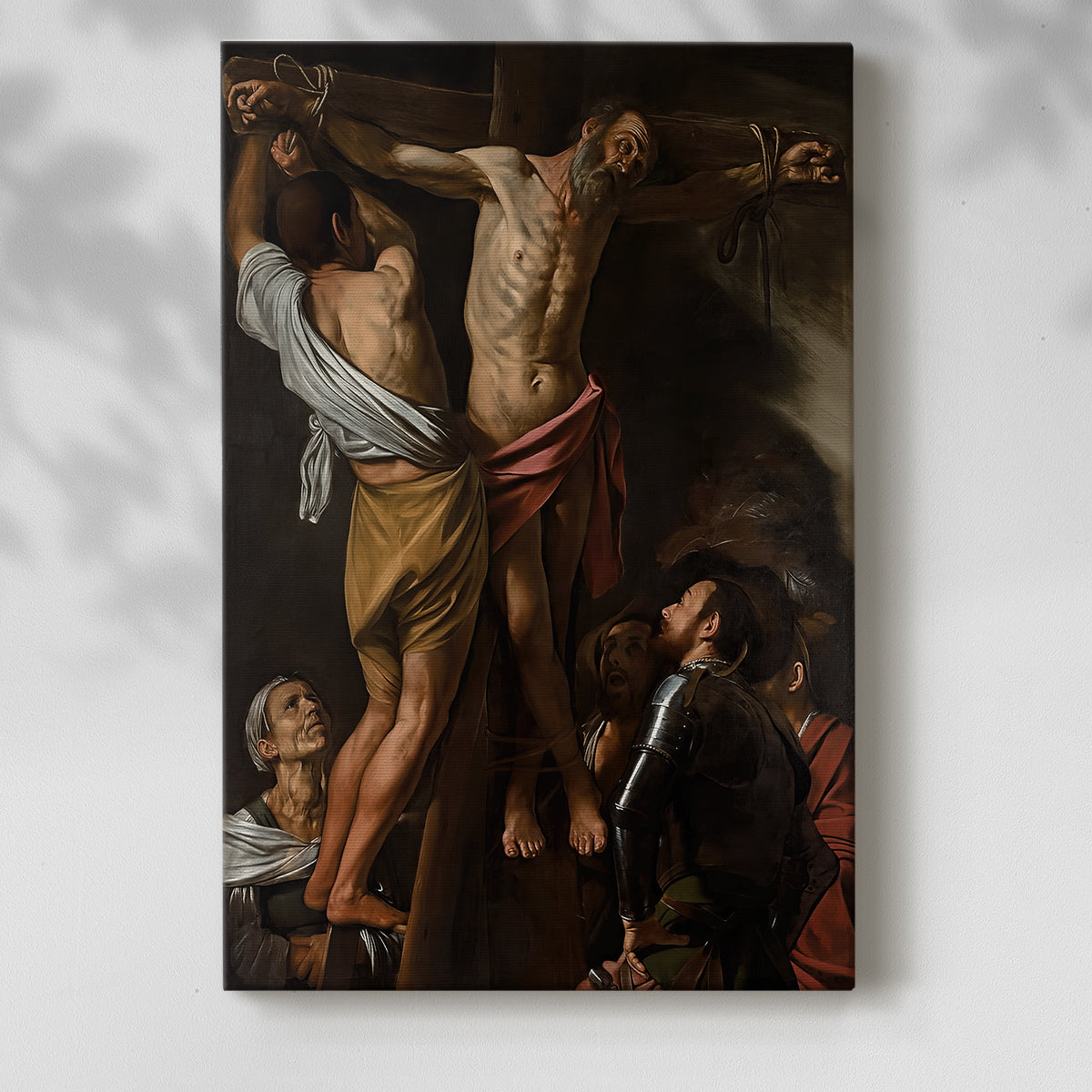 Canvas art print of a dramatic composition with figures gathered around a crucifixion with a soft shadow on a white background.