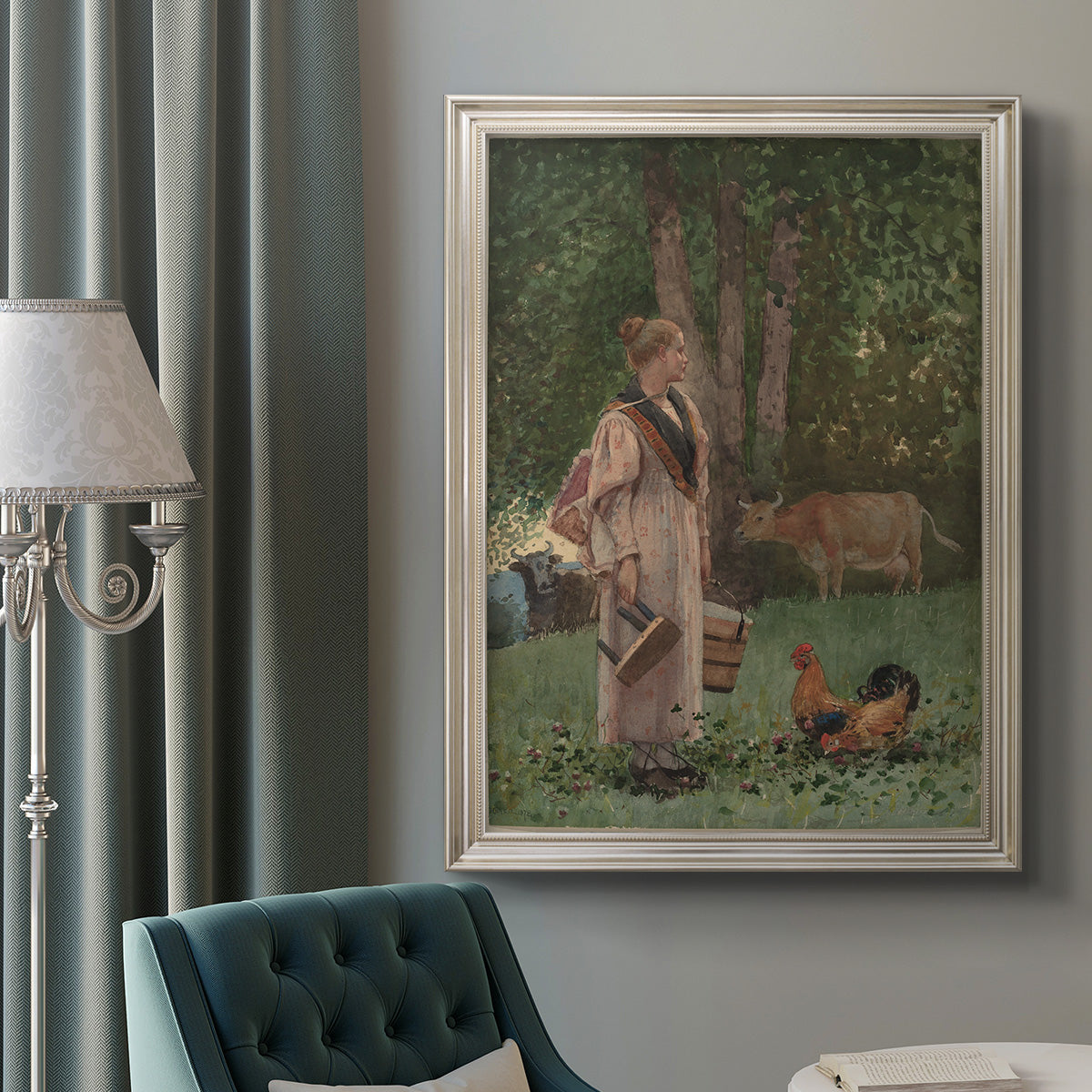 Realist genre scene of a milkmaid by Winslow Homer in an ornate champagne frame displayed in a neutral interior setting.