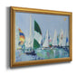 Coastal harbor watercolor painting printed on canvas in an ornate antique gold frame.