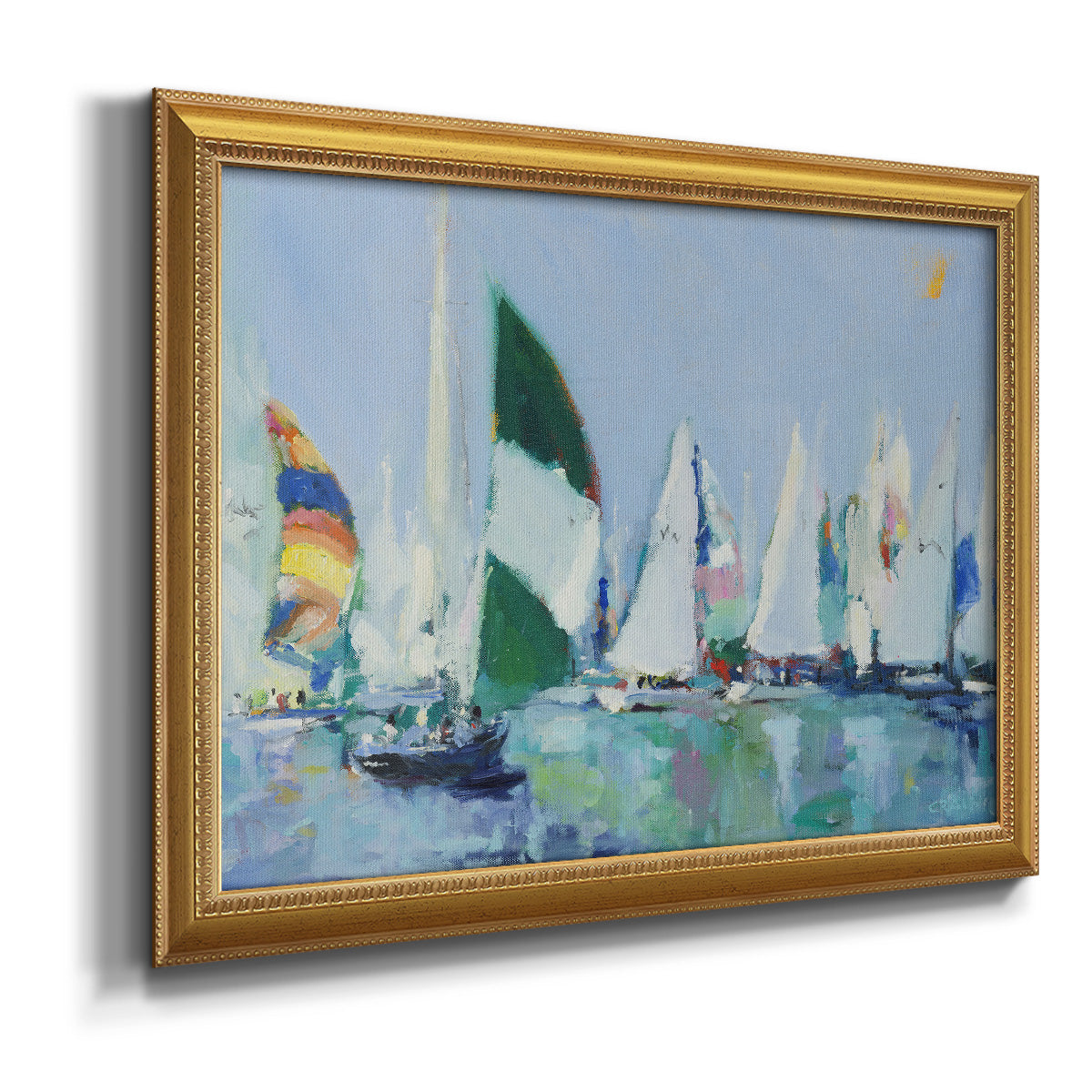Coastal harbor watercolor painting printed on canvas in an ornate antique gold frame.