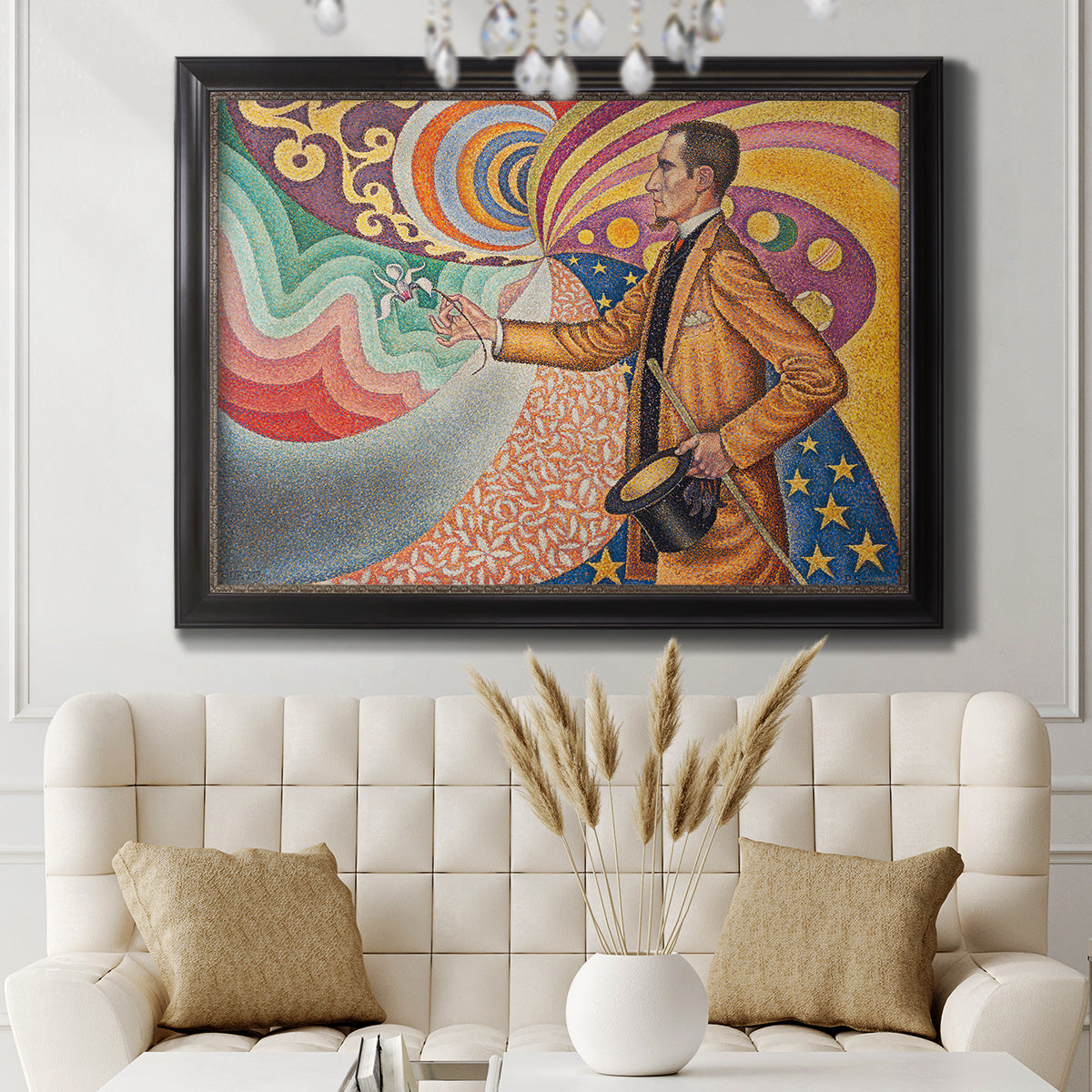 Neo-impressionist abstract portrait by Paul Signac in an ornate black frame with gilded inner detail displayed in a neutral-toned interior setting.
