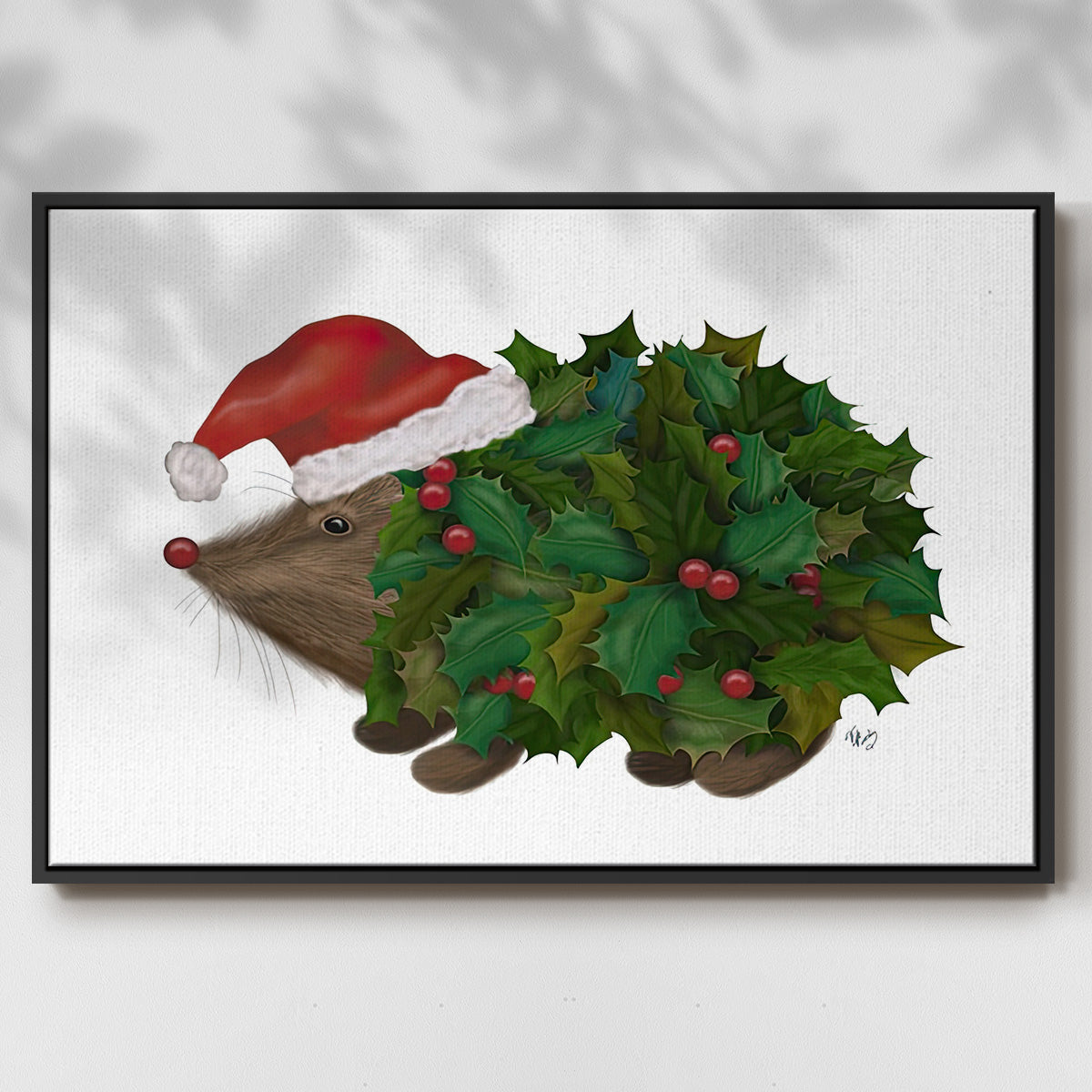 Christmas Holly Hedgehog - Framed Gallery Wrapped Canvas in Floating Frame