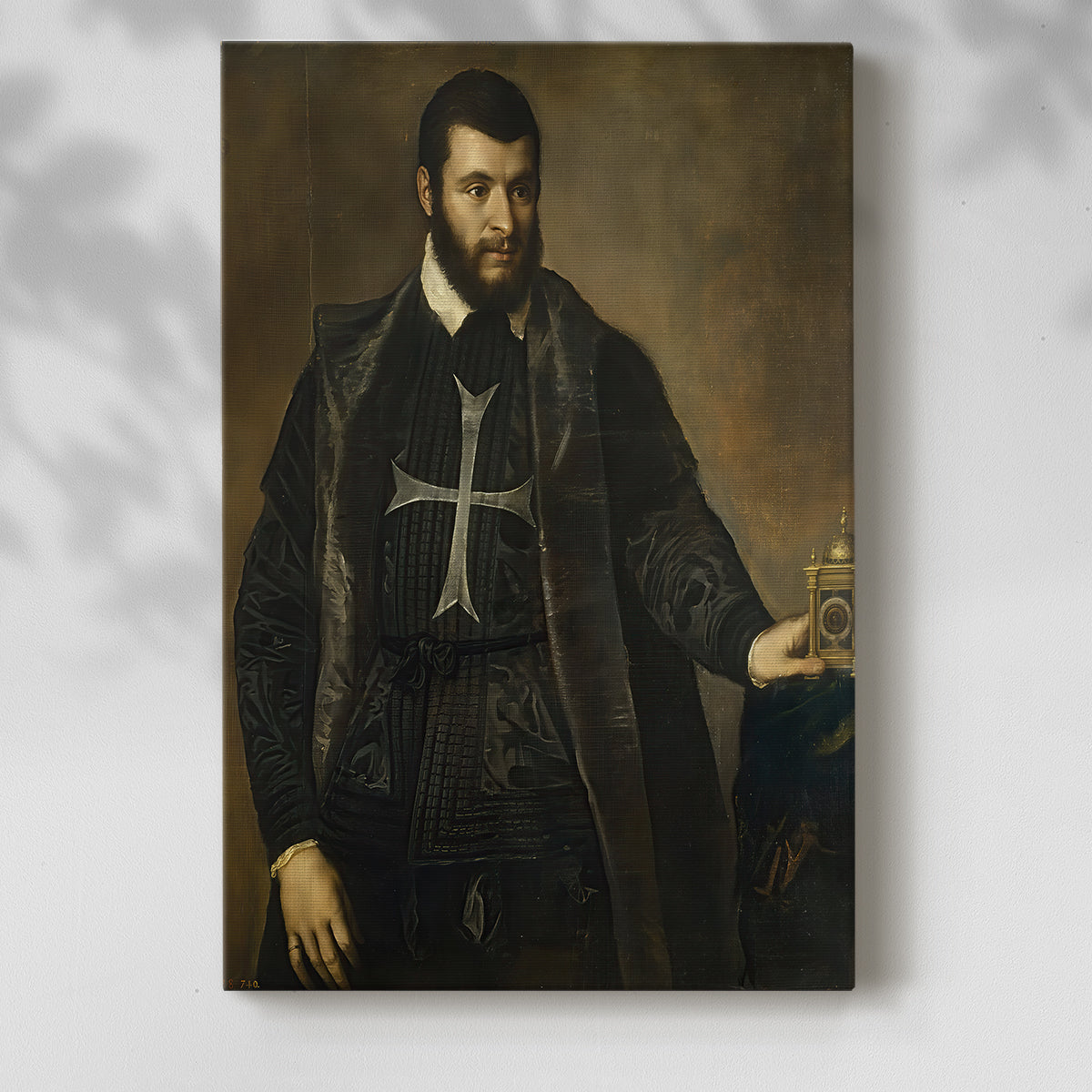 Canvas art print of a refined figure with symbolic object and soft lighting with a soft shadow on a white background.