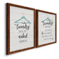 Angled view of a set of two maple barnwood framed canvas prints featuring two rustic typographic wall art featuring humorous laundry-room sayings and clothing icons.