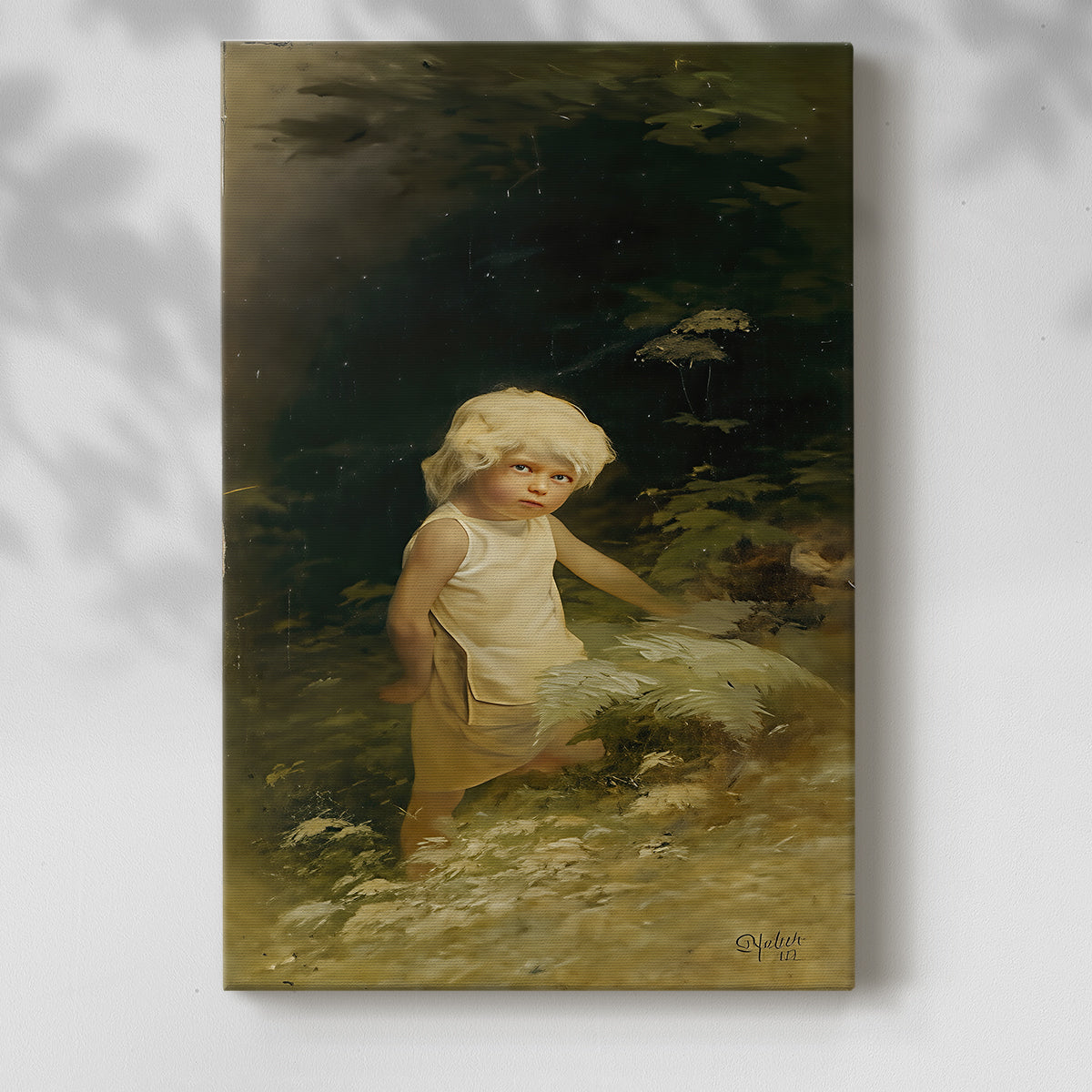 Canvas art print of a stylized figure walking outdoors in calm surroundings with a soft shadow on a white background.