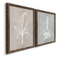 Angled view of a set of two walnut barnwood framed canvas prints featuring two rustic minimalist botanical prints featuring white botanical silhouettes on softly weathered neutral backgrounds.