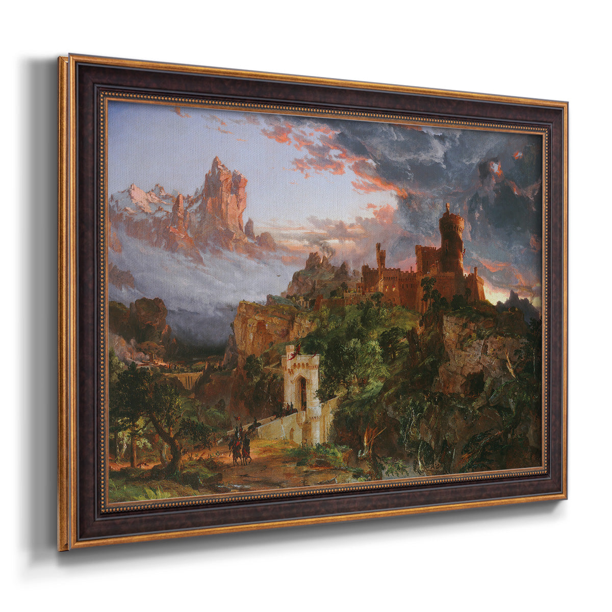 Romantic allegorical landscape painting by Jasper Francis Cropsey printed on canvas in an ornate bronzed mahogany wood frame.