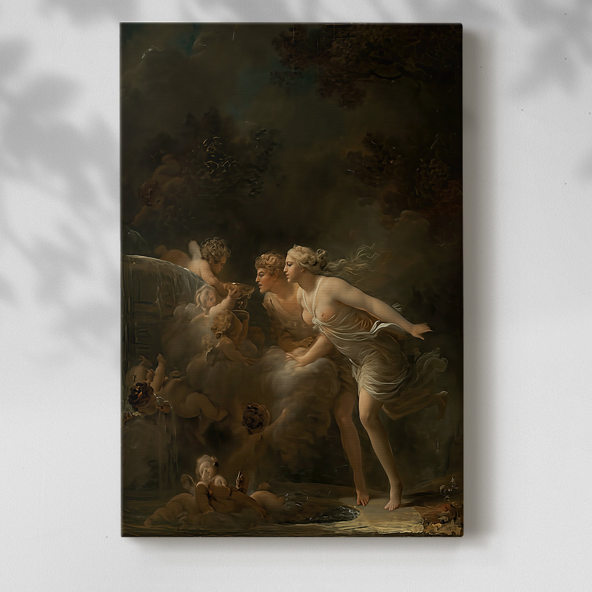 Canvas art print of a Romantic outdoor setting with flowing forms and soft color with a soft shadow on a white background.