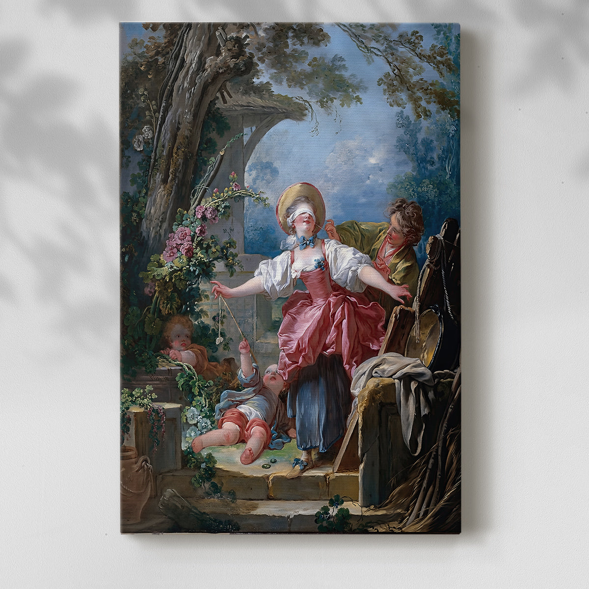 Canvas art print of a playful composition with movement and soft pastel tones with a soft shadow on a white background.