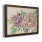Modern peony floral drawing printed on canvas in an ornate mahogany wood frame with gold liner.