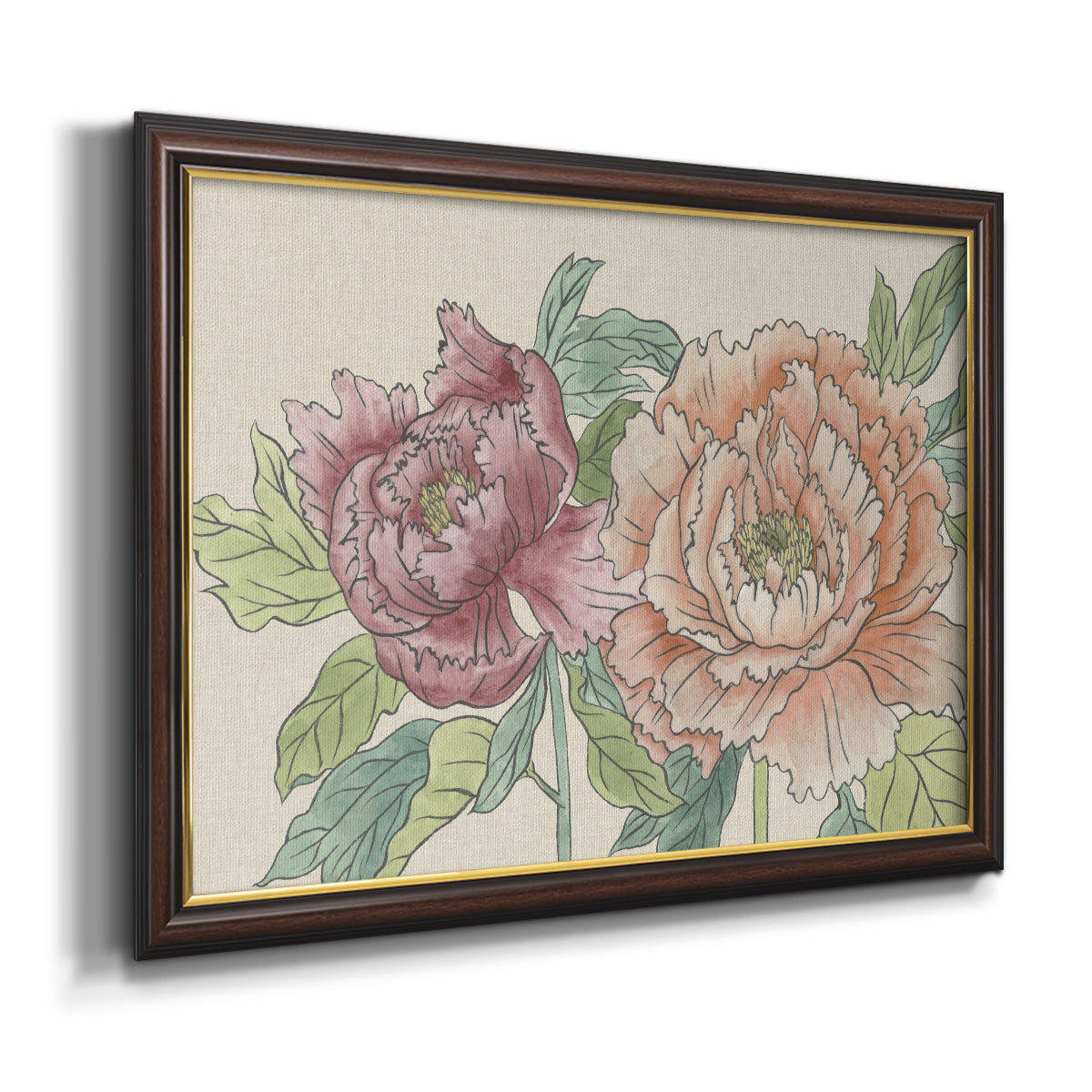 Modern peony floral drawing printed on canvas in an ornate mahogany wood frame with gold liner.