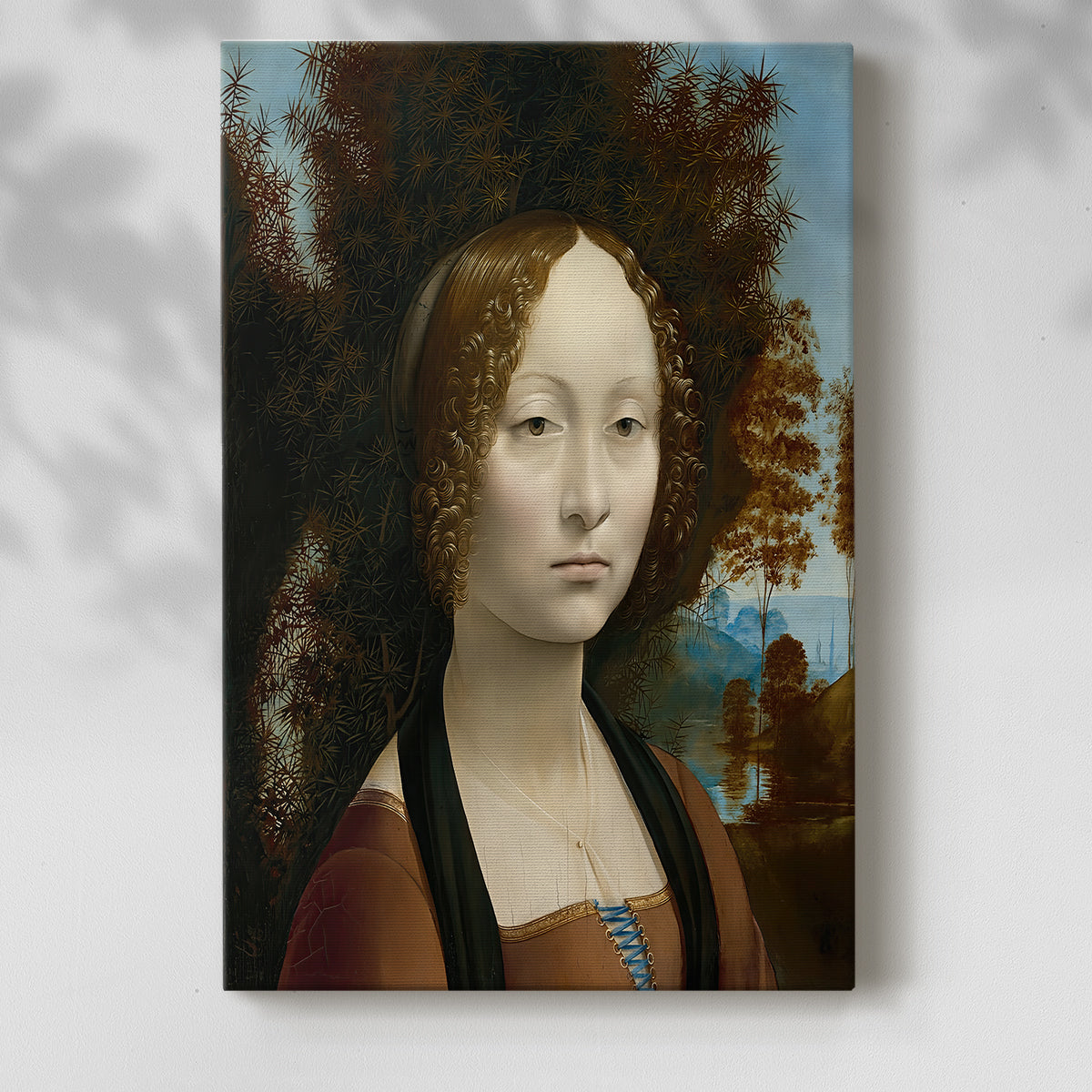 Canvas art print of a refined figure with subtle expression and smooth shading with a soft shadow on a white background.