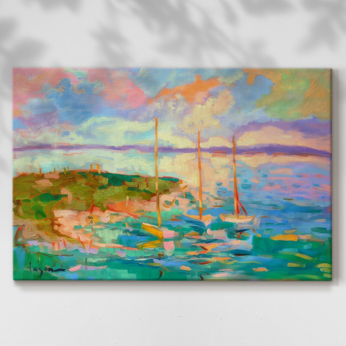 Colorful seascape with boats and vibrant skies over a coastal landscape in late afternoon light