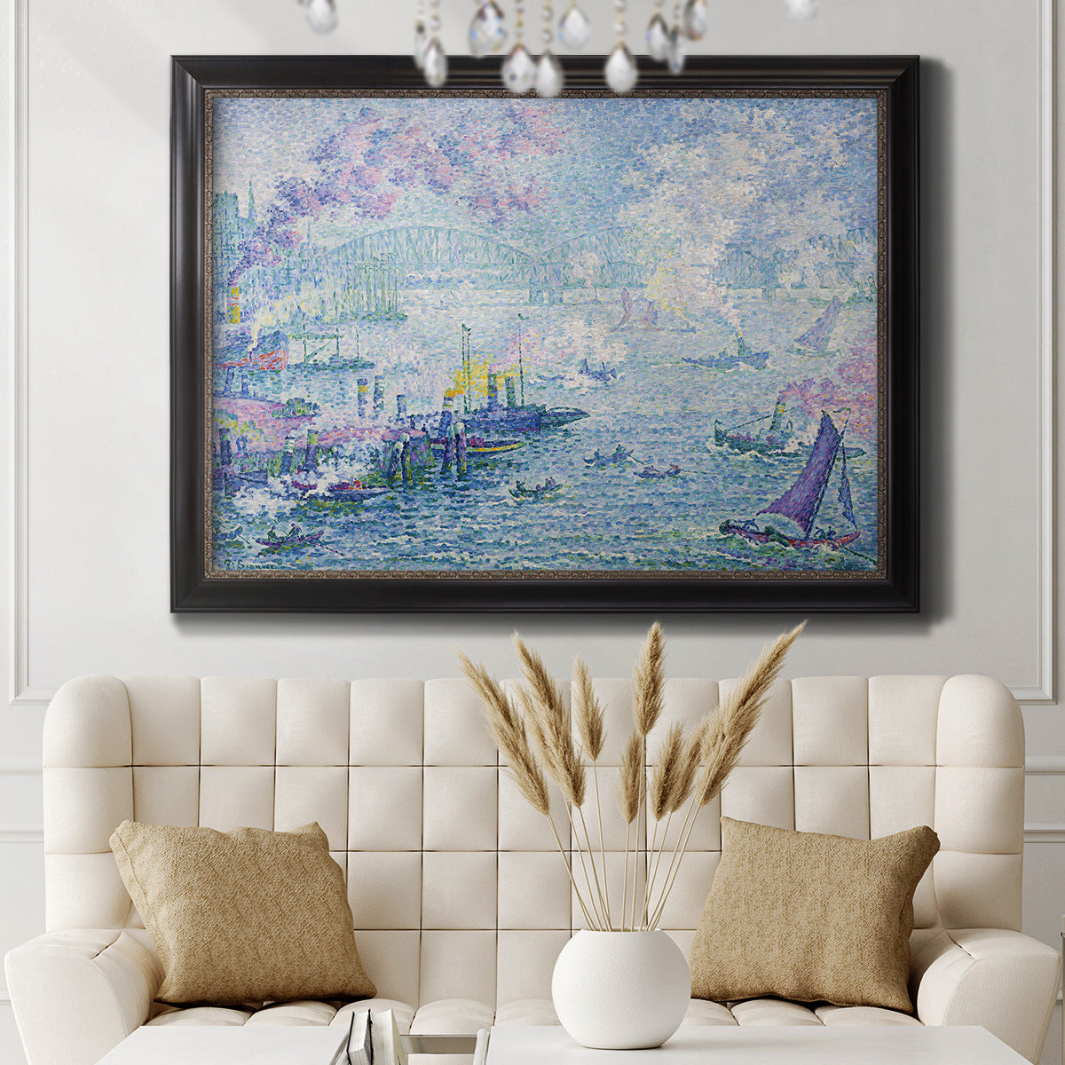 Impressionist industrial harbor scene by Paul Signac in an ornate black frame with gilded inner detail displayed in a neutral-toned interior setting.