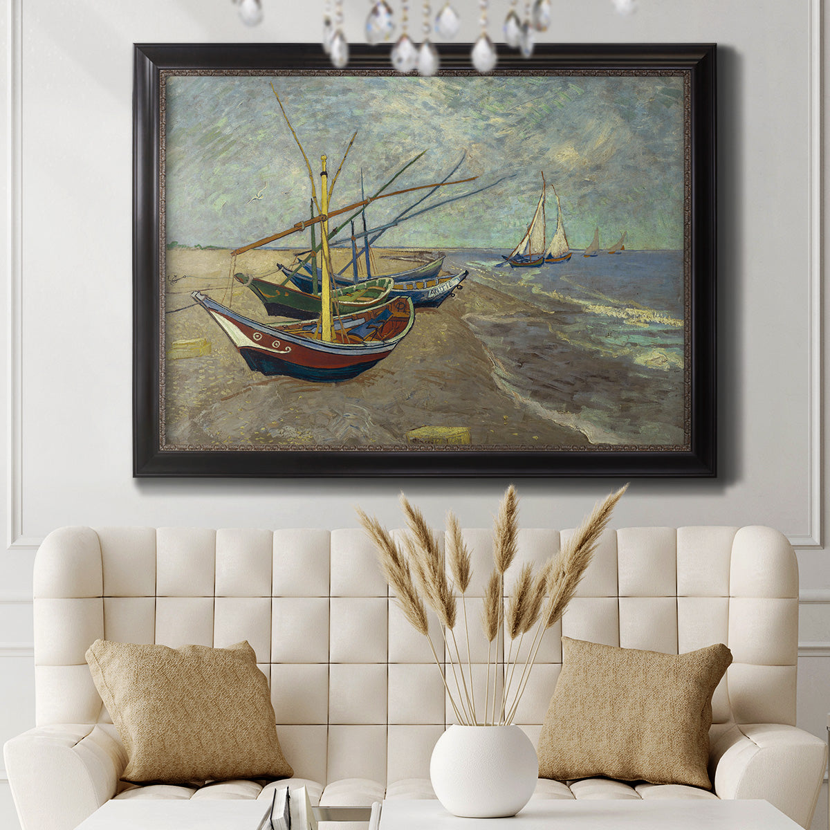 Impressionist coastal fishing boats scene by Vincent van Gogh in an ornate black frame with gilded inner detail displayed in a neutral-toned interior setting.