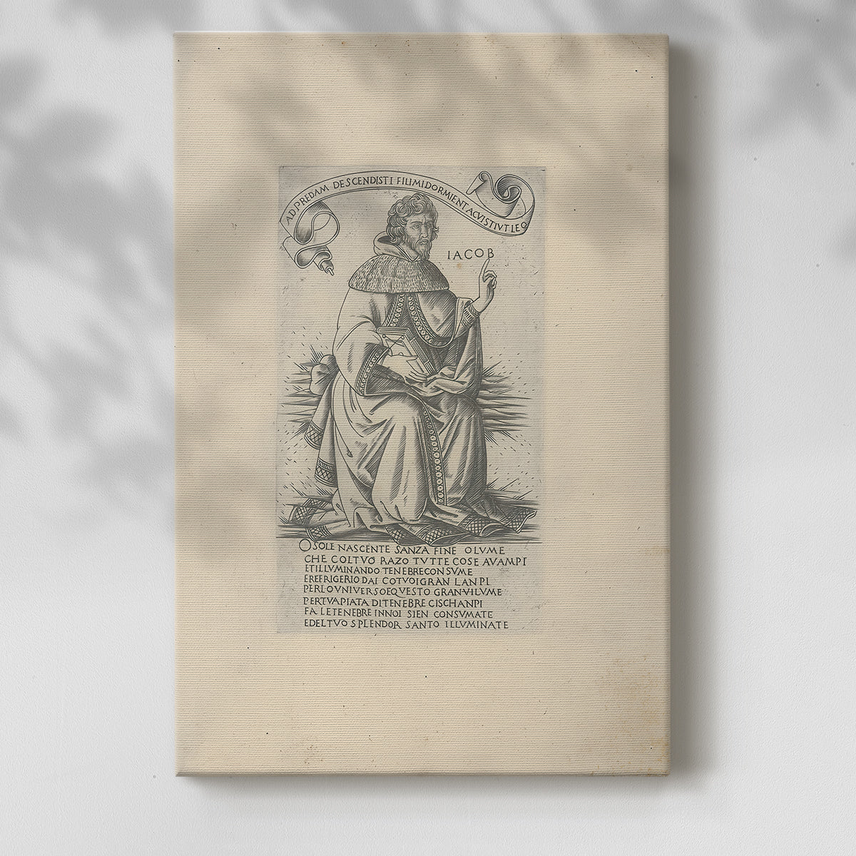 Canvas art print of a classical figure with fine etched detail and structured pose with a soft shadow on a white background.