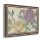 Contemporary peony flower illustration printed on canvas in an ornate traditional silver frame.