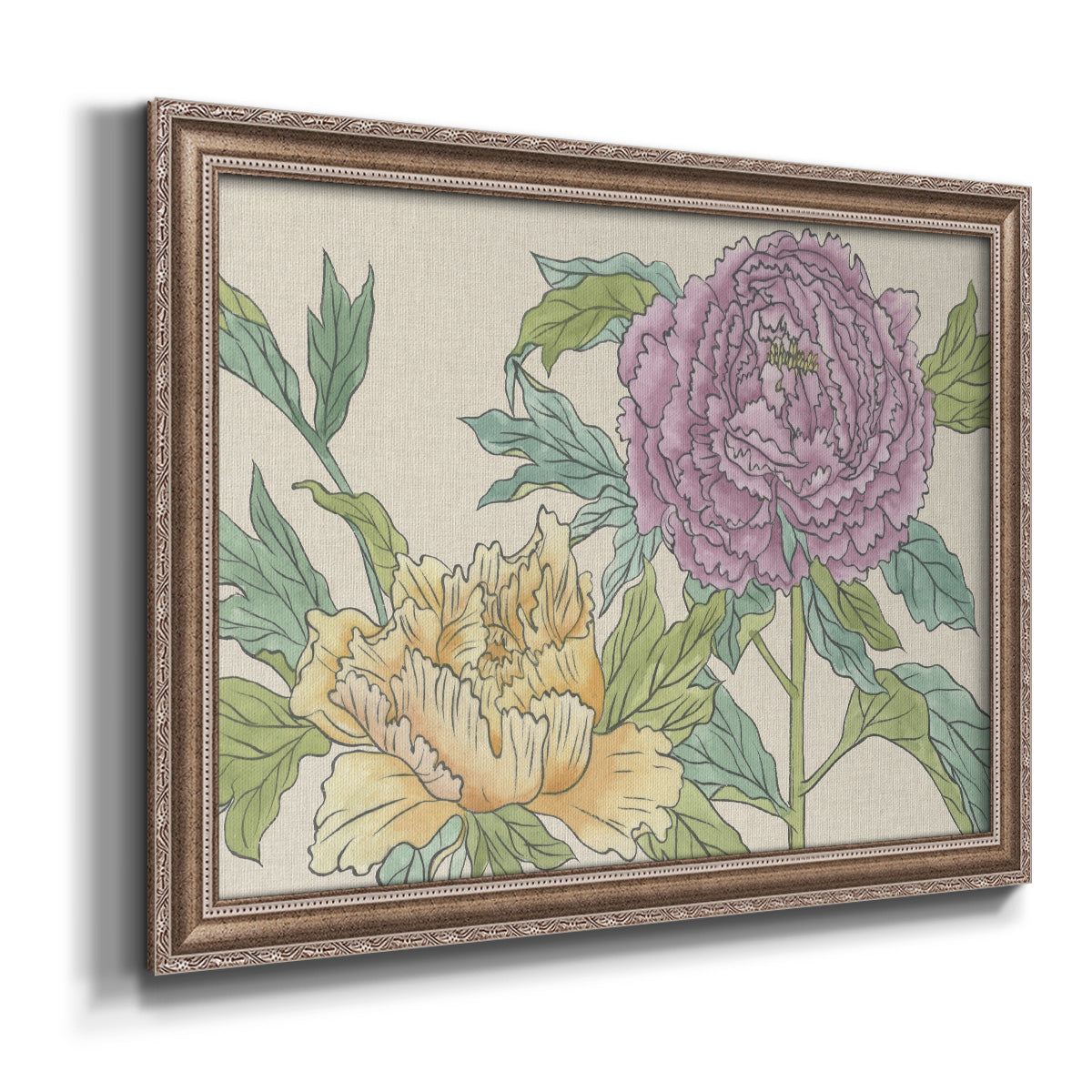 Contemporary peony flower illustration printed on canvas in an ornate traditional silver frame.