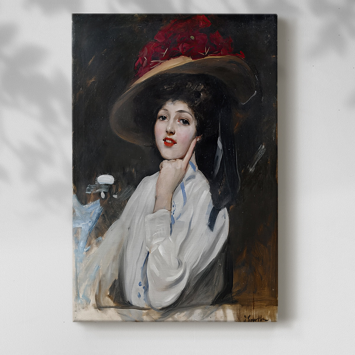 Canvas art print of a stylized figure with delicate features and gentle tones with a soft shadow on a white background.