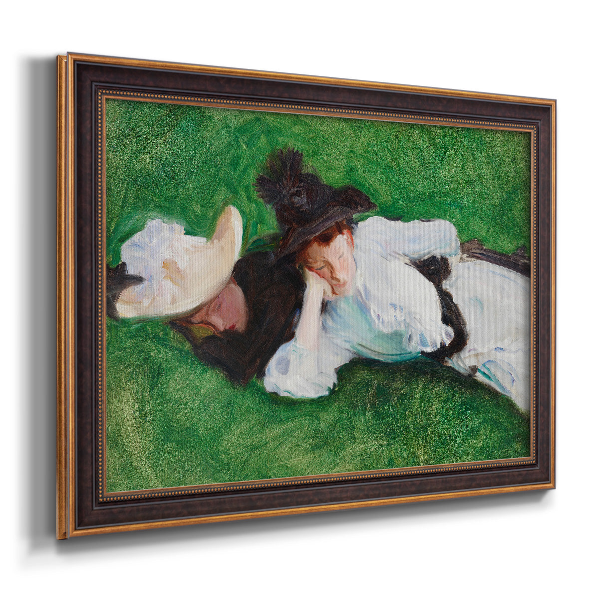 Impressionist outdoor portrait of two girls by John Singer Sargent printed on canvas in an ornate bronzed mahogany wood frame.