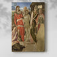 Canvas art print of a religious image with multiple figures and soft tones with a soft shadow on a white background.