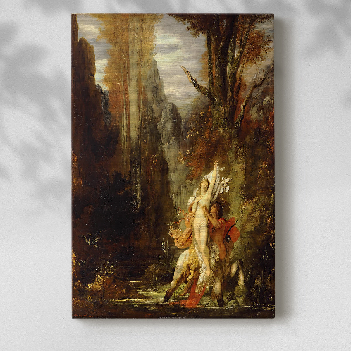 Canvas art print of a mythic composition with a figure and rich autumnal color with a soft shadow on a white background.