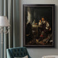 Classical portrait of a soldier smoking a pipe by Frans van Mieris the Elder in an ornate black frame with gilded inner detail displayed in a neutral interior setting.