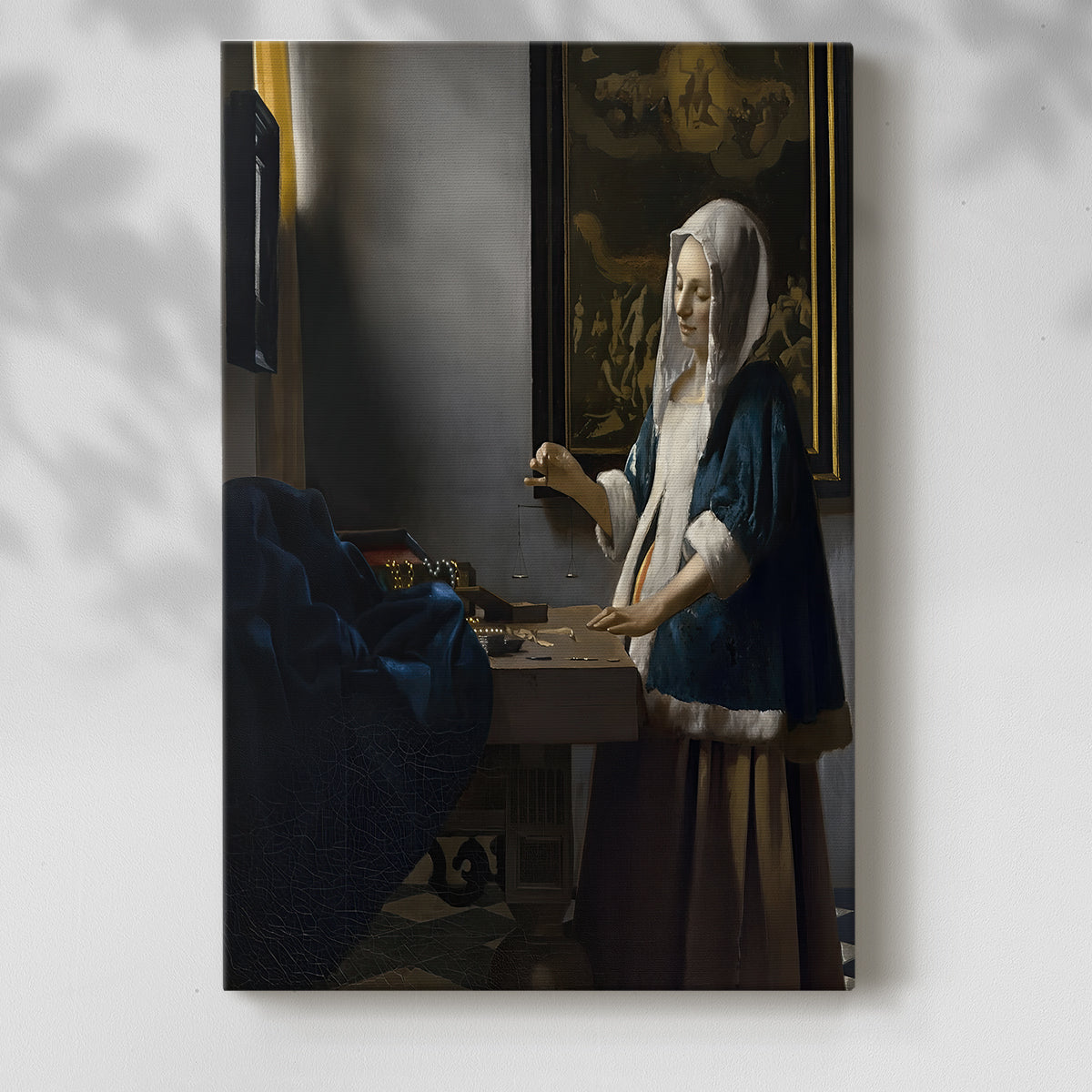 Canvas art print of a composed figure with delicate gesture and calm expression with a soft shadow on a white background.