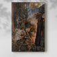 Canvas art print of a dramatic folklore scene with blacksmiths working over a fiery forge with a soft shadow on a white background.